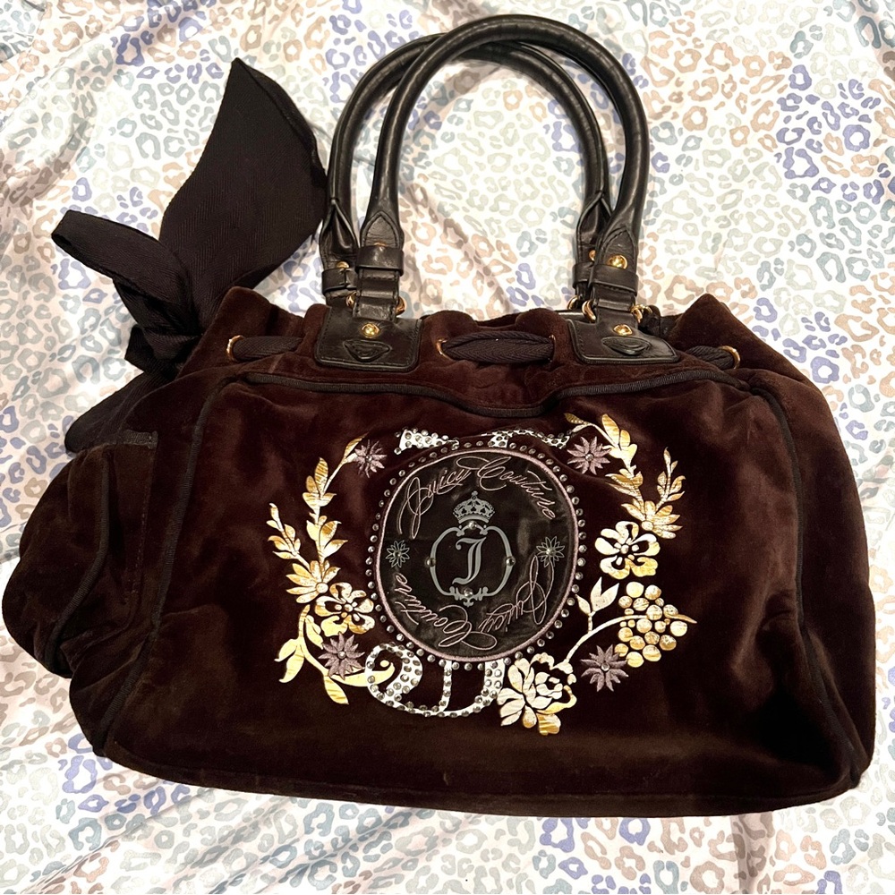 Vintage Black Juicy Couture Purse Velour Handbag Y2K Bag Floral Flower